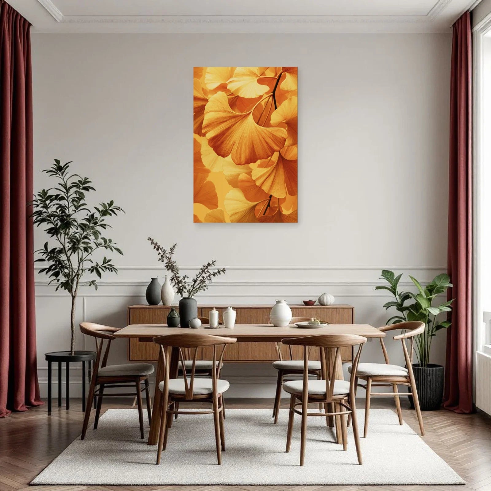 Tableau botanique jaune aux éventails de ginkgo installé en cuisine par Art Virtuoso
