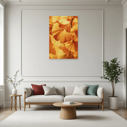 Tableau vertical de feuilles de ginkgo jaunes présenté dans un salon naturel par Art Virtuoso