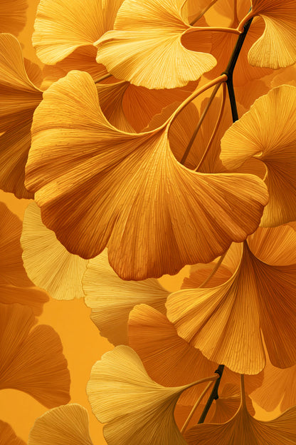 Tableau vertical format XL aux éventails de ginkgo jaune et ocre par Art Virtuoso
