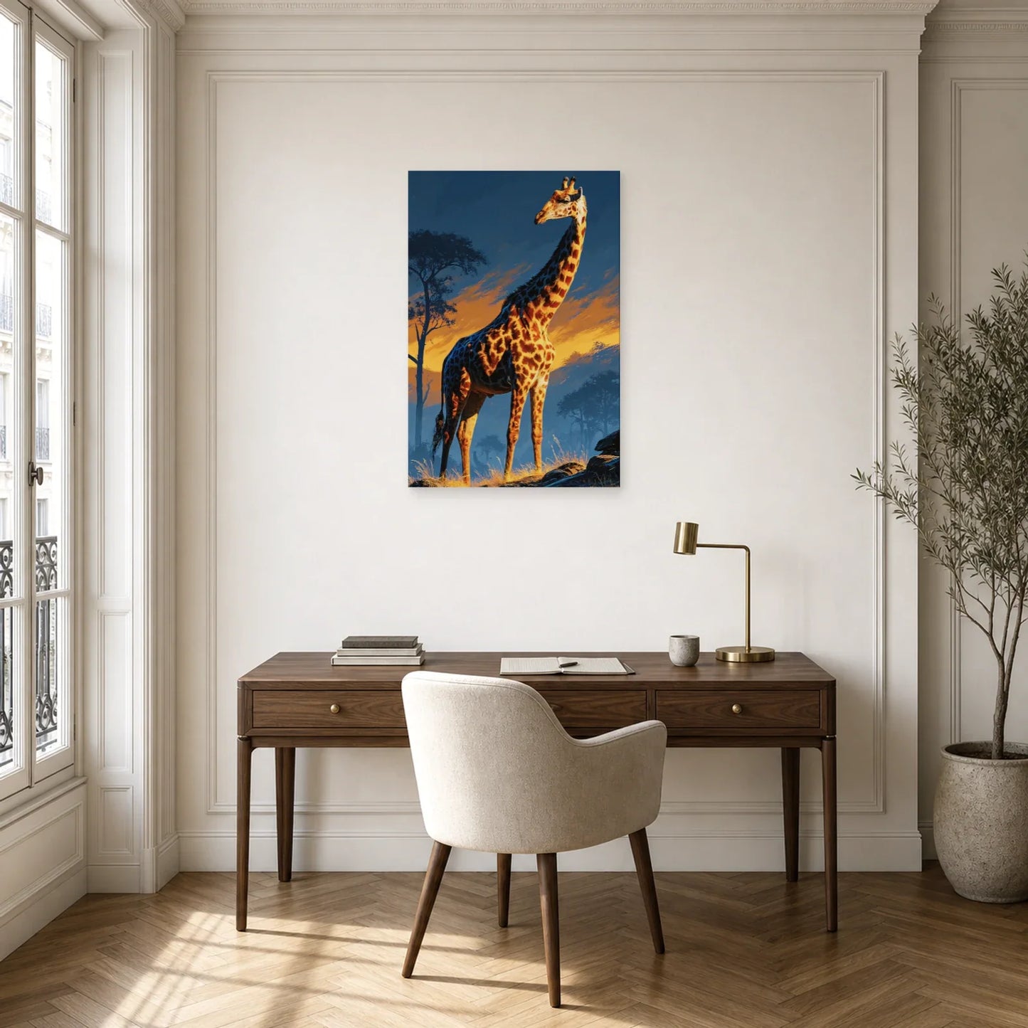 Tableau Girafe Savane Minimaliste - Nuit Orange dans un bureau - Art Virtuoso