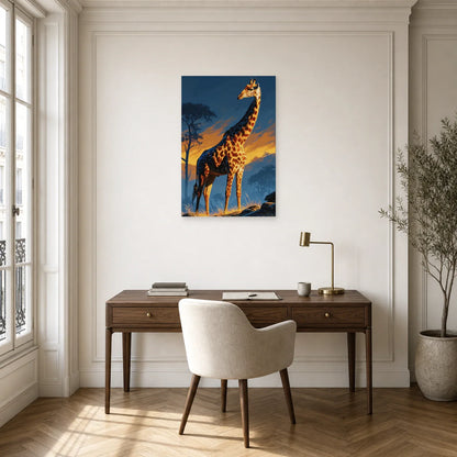 Tableau Girafe Savane Minimaliste - Nuit Orange dans un bureau - Art Virtuoso