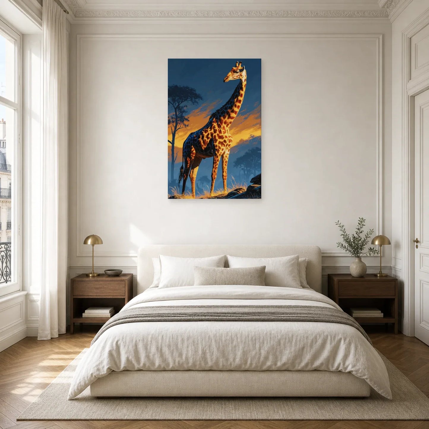 Tableau Girafe Savane Minimaliste - Nuit Orange dans une chambre - Art Virtuoso