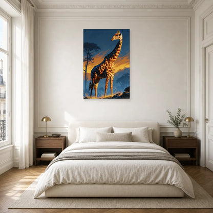 Tableau Girafe Savane Minimaliste - Nuit Orange dans une chambre - Art Virtuoso