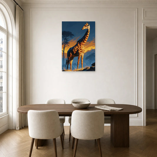 Tableau Girafe Savane Minimaliste - Nuit Orange dans une cuisine - Art Virtuoso