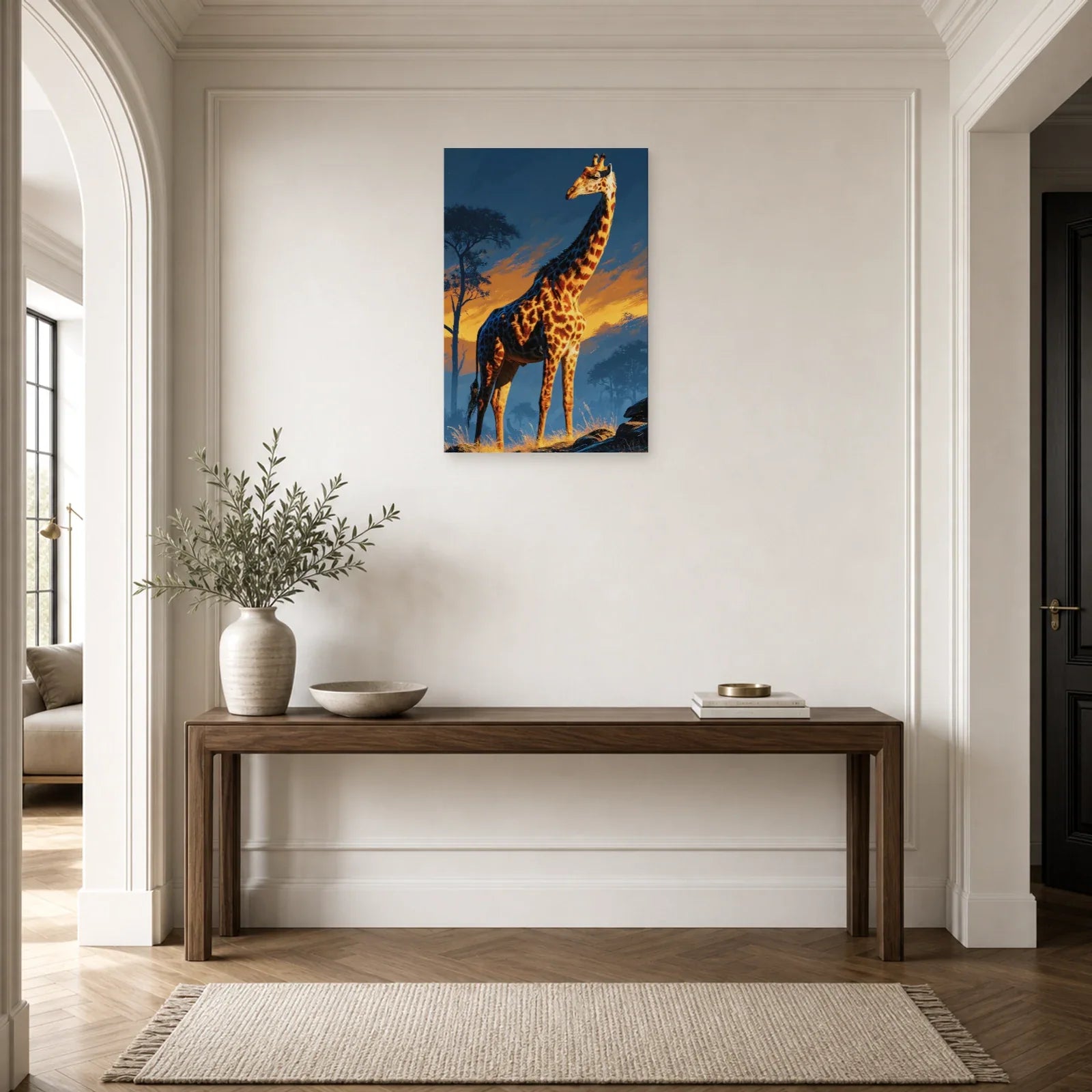 Tableau Girafe Savane Minimaliste - Nuit Orange dans une entree ou un couloir - Art Virtuoso