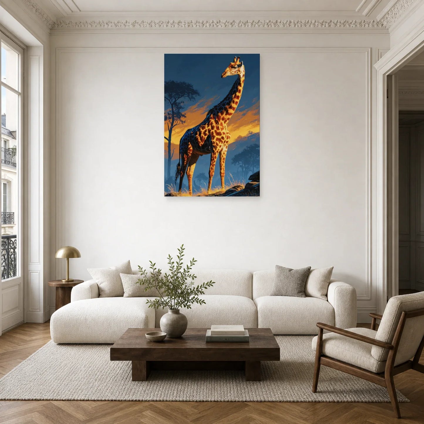 Tableau Girafe Savane Minimaliste - Nuit Orange dans un salon - Art Virtuoso
