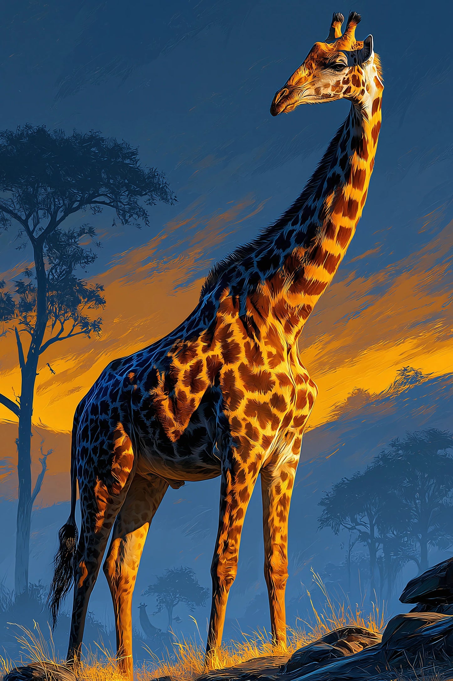 Tableau girafe savane minimaliste ciel bleu nuit orange - format S