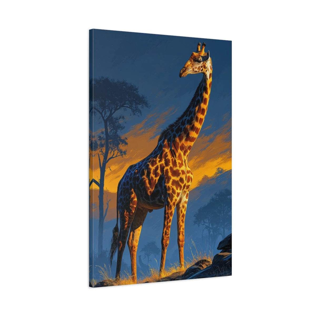 Tableau girafe savane minimaliste ciel bleu nuit orange - toile 3D avec bords imprimés visibles
