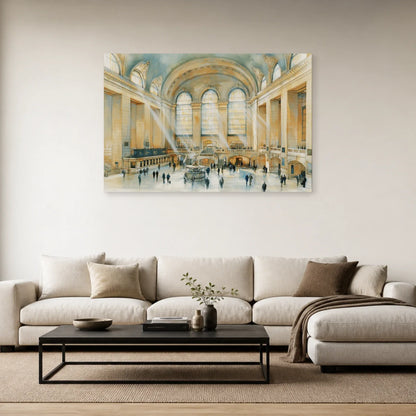Aquarelle de Grand Central présentée dans un salon clair