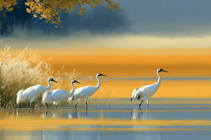 Paysage japonais jaune avec grues sur toile horizontale M par Art Virtuoso