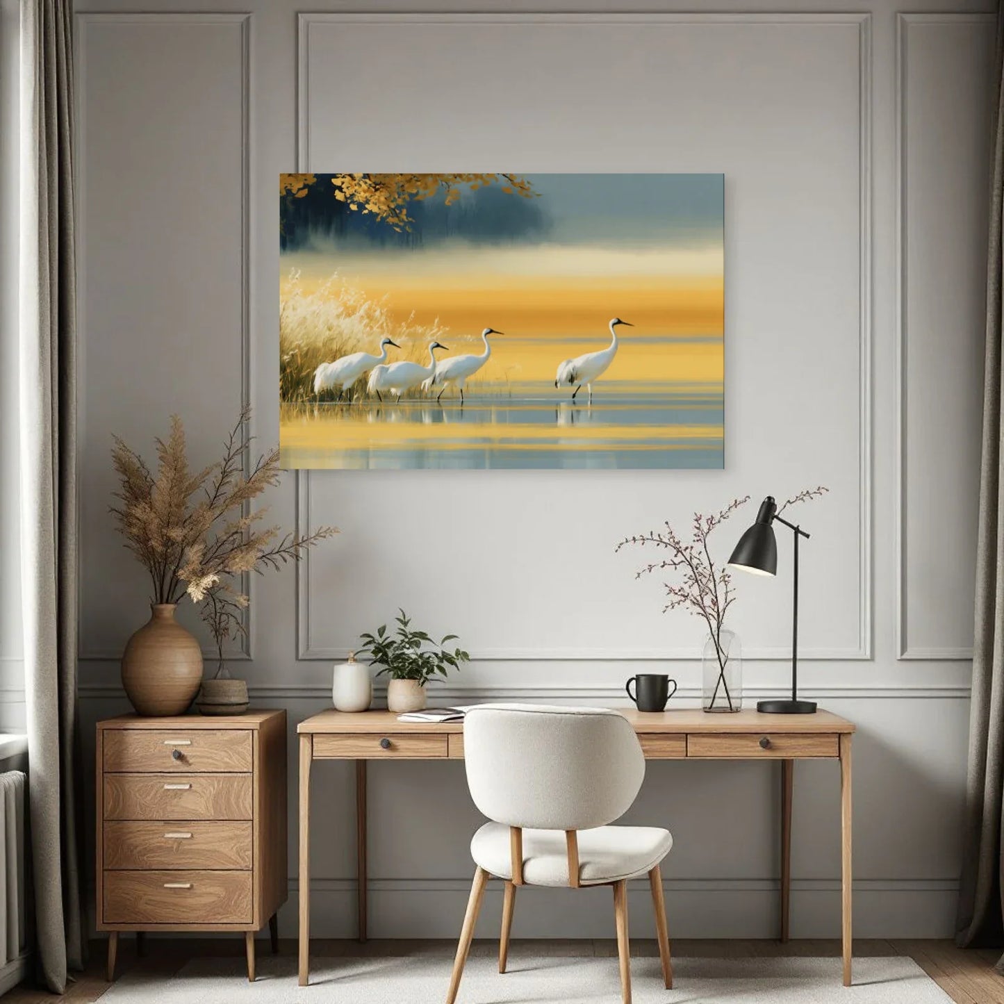Tableau contemplatif de grues dans un bureau calme par Art Virtuoso