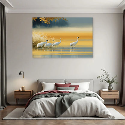 Grues blanches et horizon jaune au-dessus d’un lit par Art Virtuoso