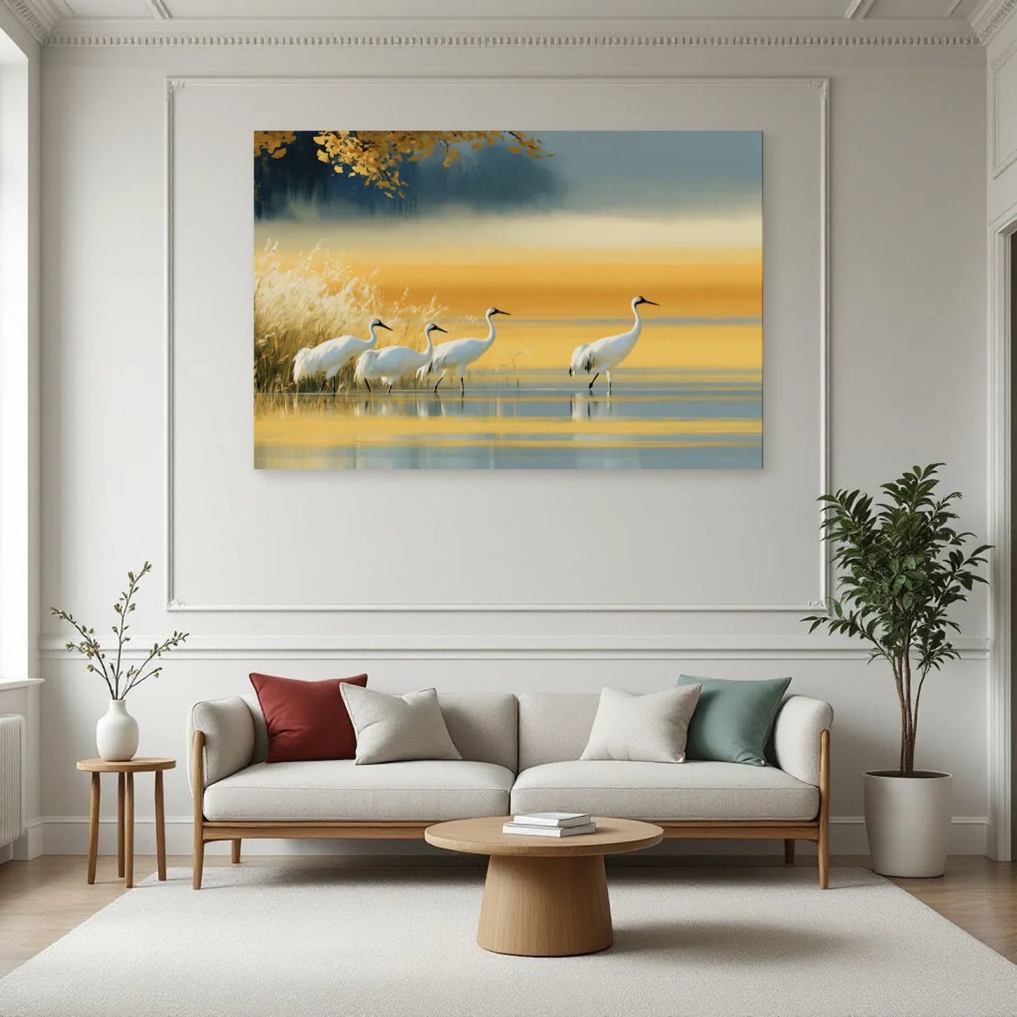 Paysage jaune aux grues au-dessus d’un canapé de salon par Art Virtuoso