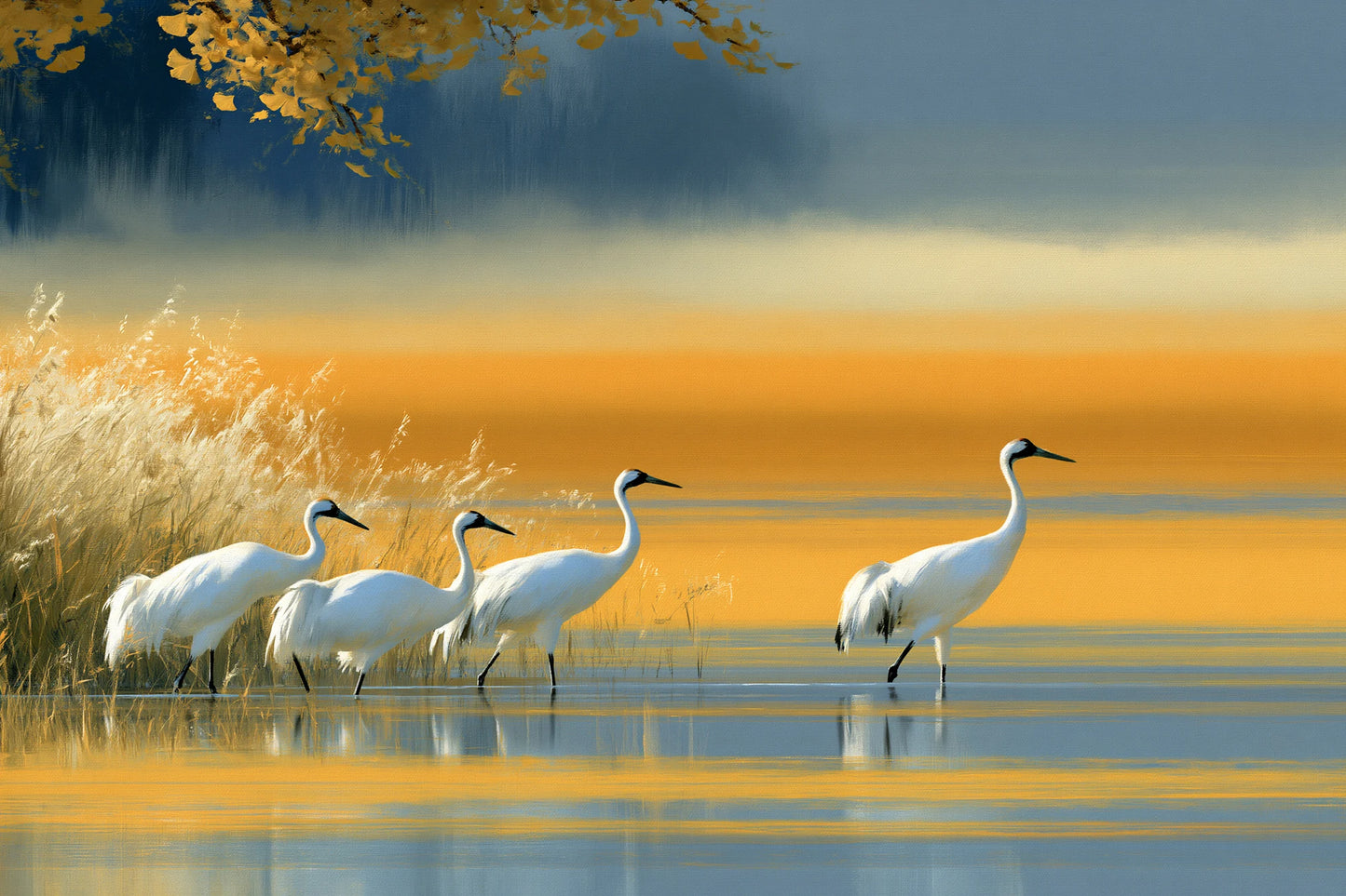 Quatre grues blanches sous un horizon jaune sur toile horizontale S par Art Virtuoso