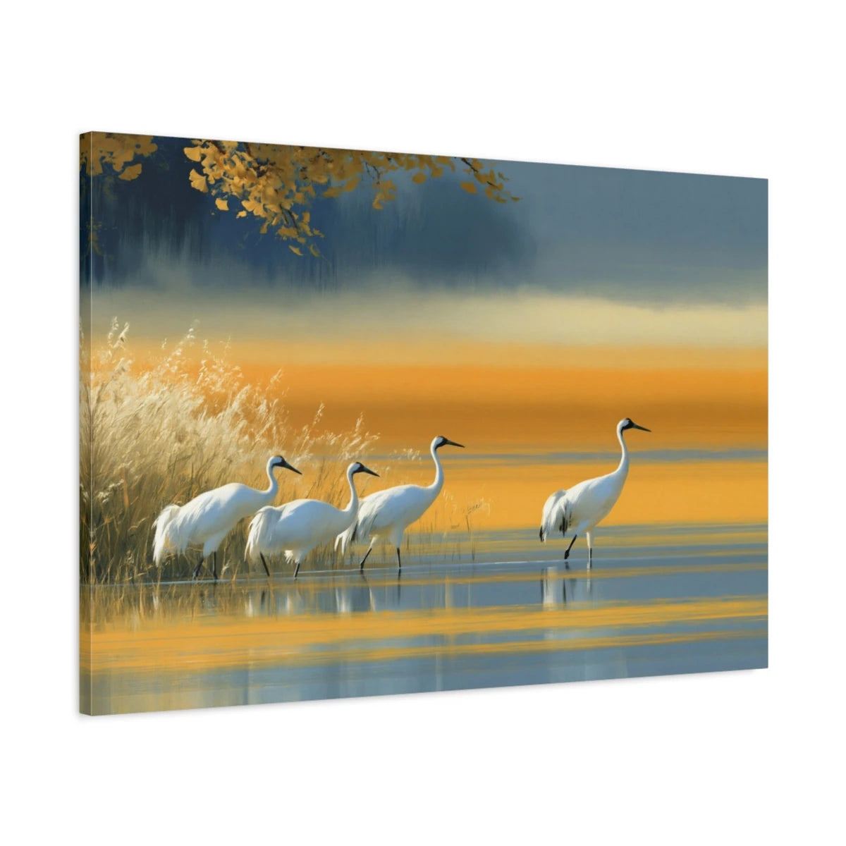 Tableau Grues Japonaises Paysage Jaune - Lac Doré - toile 3D avec bords imprimés - Art Virtuoso