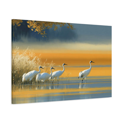 Tableau Grues Japonaises Paysage Jaune - Lac Doré - toile 3D avec bords imprimés - Art Virtuoso