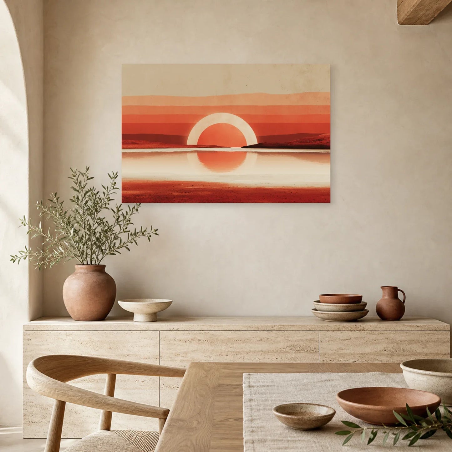 Tableau Horizon Marin Abstrait Terracotta 2 dans une cuisine - Art Virtuoso