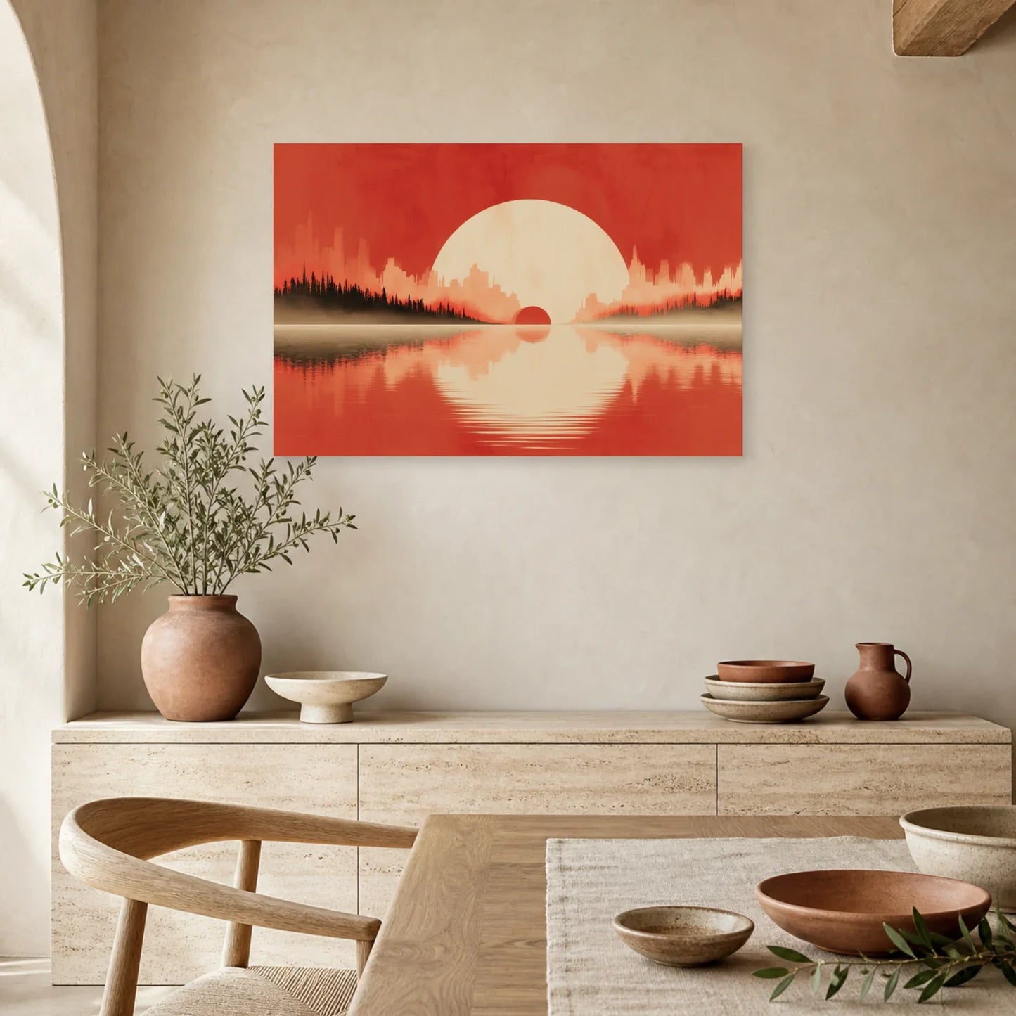Tableau Horizon Marin Abstrait Terracotta 3 dans une cuisine - Art Virtuoso