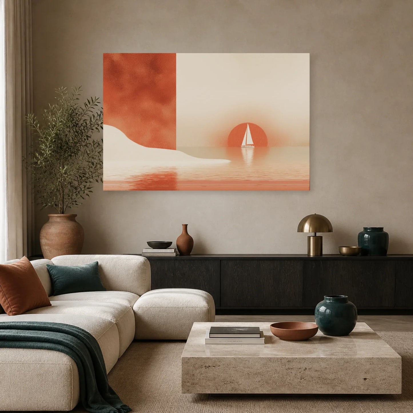 Tableau Horizon Marin Terracotta dans un salon - Art Virtuoso