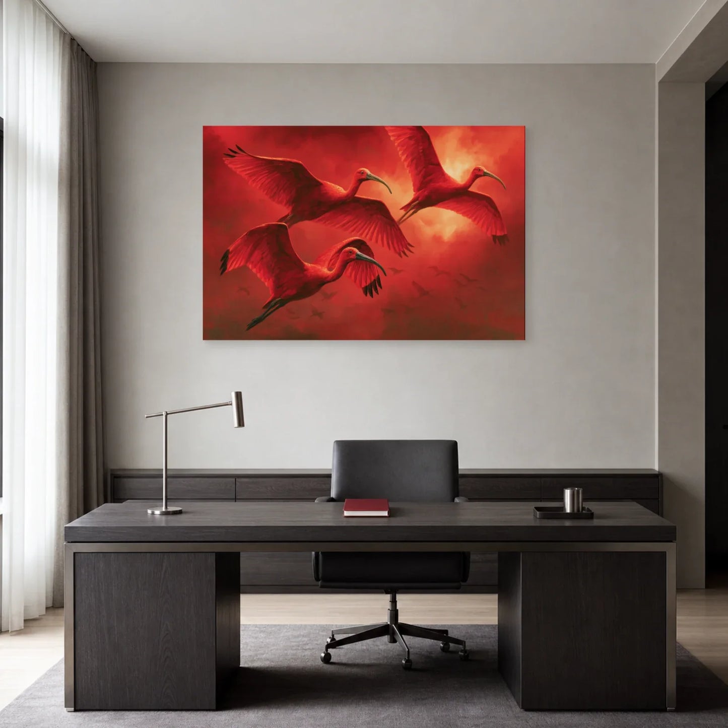 Tableau panoramique aux oiseaux corail présenté dans un bureau