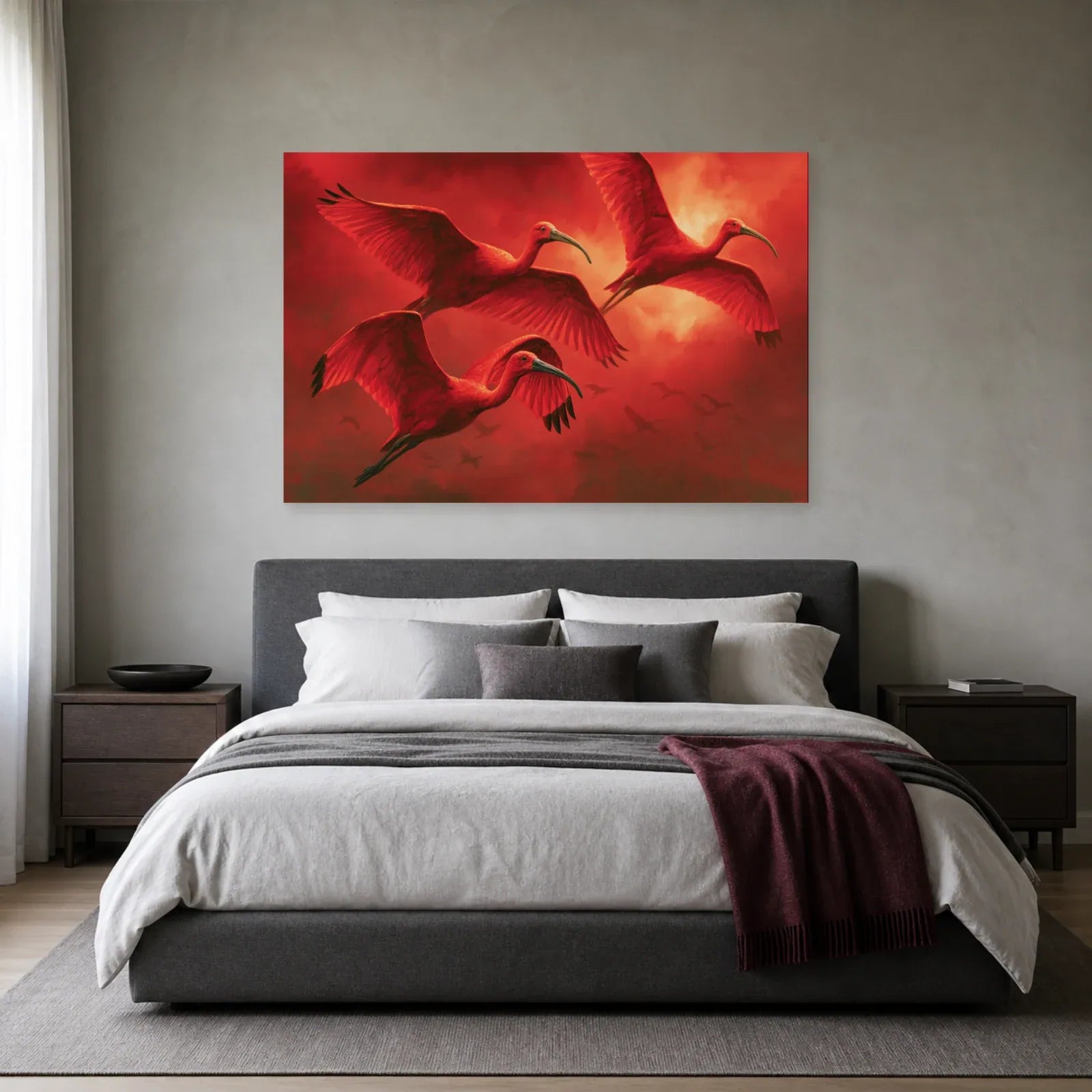 Tableau animalier rouge horizontal présenté dans une chambre