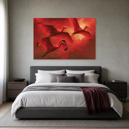 Tableau animalier rouge horizontal présenté dans une chambre