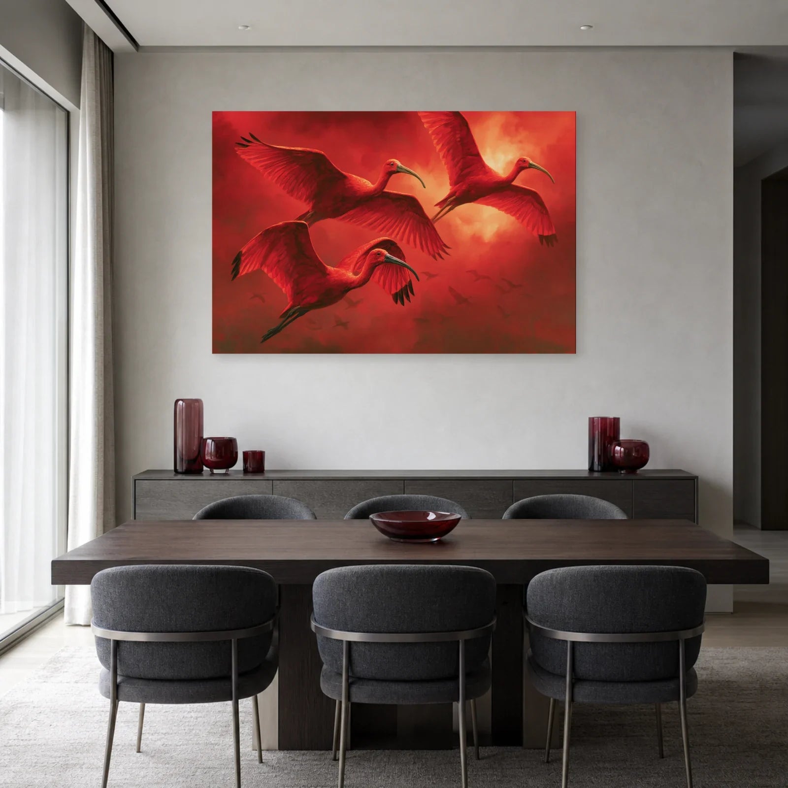 Tableau de nuée d’ibis écarlates présenté dans une salle à manger