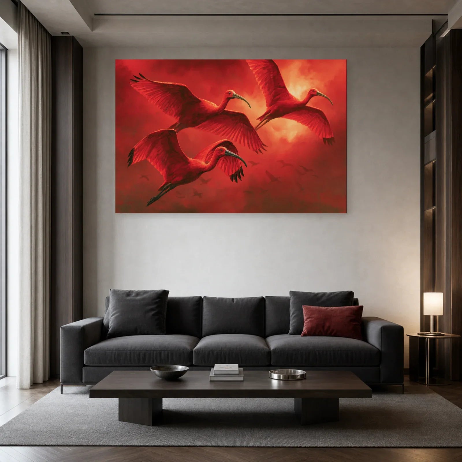 Tableau d’ibis rouges en vol présenté dans un salon