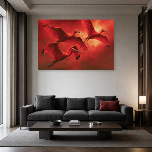 Tableau d’ibis rouges en vol présenté dans un salon