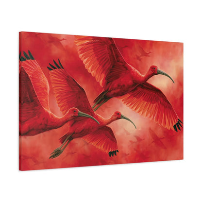 Vue latérale du tableau ibis rouges en vol sur châssis