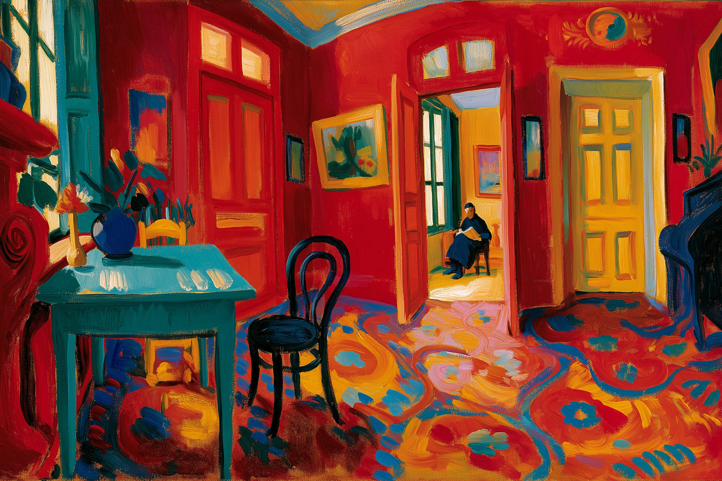 intérieur fauviste rouge avec table turquoise, bouquet et portes jaunes, toile horizontale en taille M