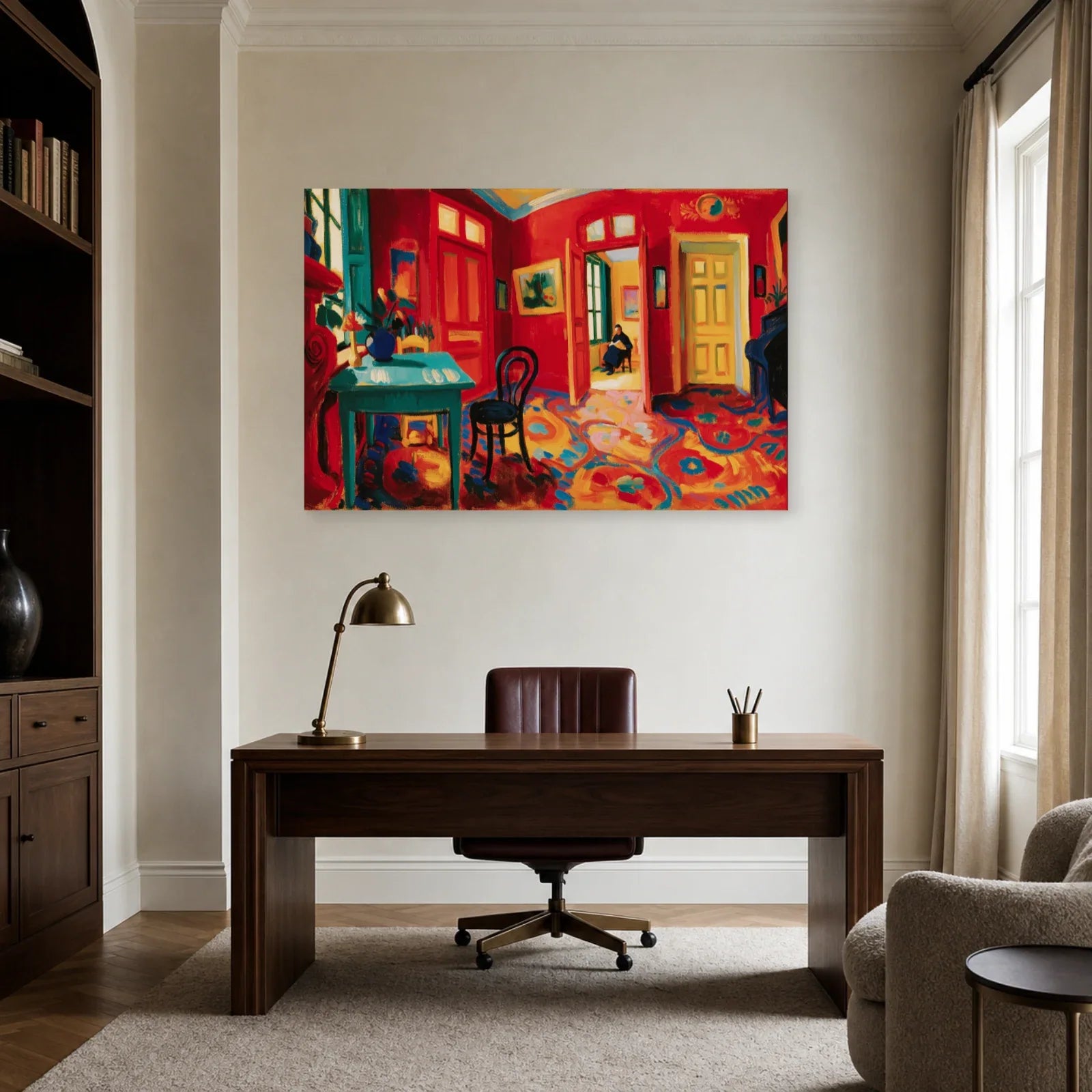 intérieur fauviste rouge avec table turquoise, bouquet et portes jaunes, présenté dans un bureau aux lignes sobres