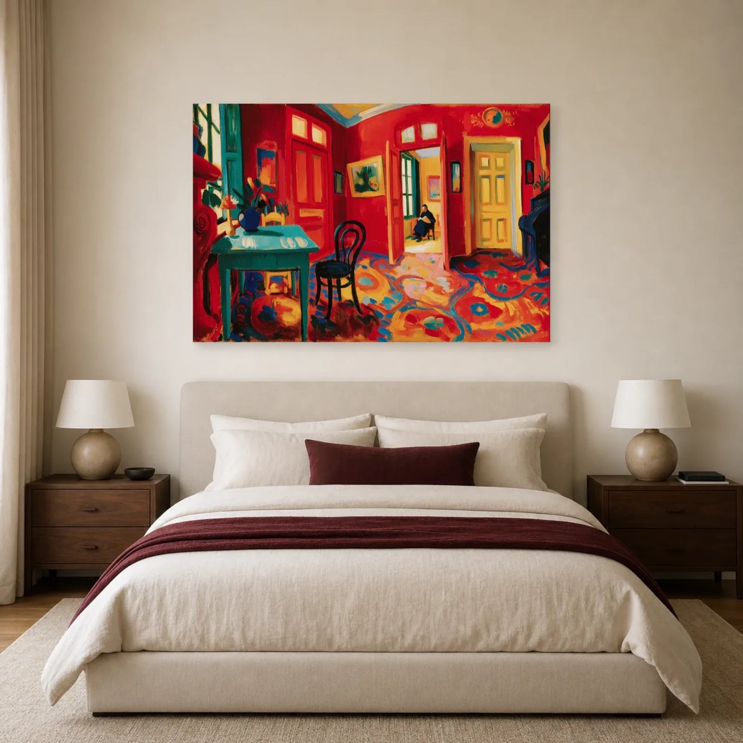 intérieur fauviste rouge avec table turquoise, bouquet et portes jaunes, présenté dans une chambre aux textiles unis