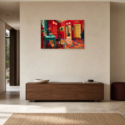 intérieur fauviste rouge avec table turquoise, bouquet et portes jaunes, présenté dans une entrée épurée