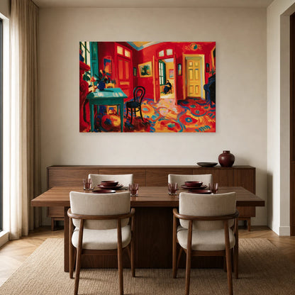 intérieur fauviste rouge avec table turquoise, bouquet et portes jaunes, présenté dans une salle à manger chaleureuse
