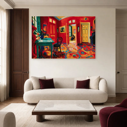 intérieur fauviste rouge avec table turquoise, bouquet et portes jaunes, présenté dans un salon contemporain