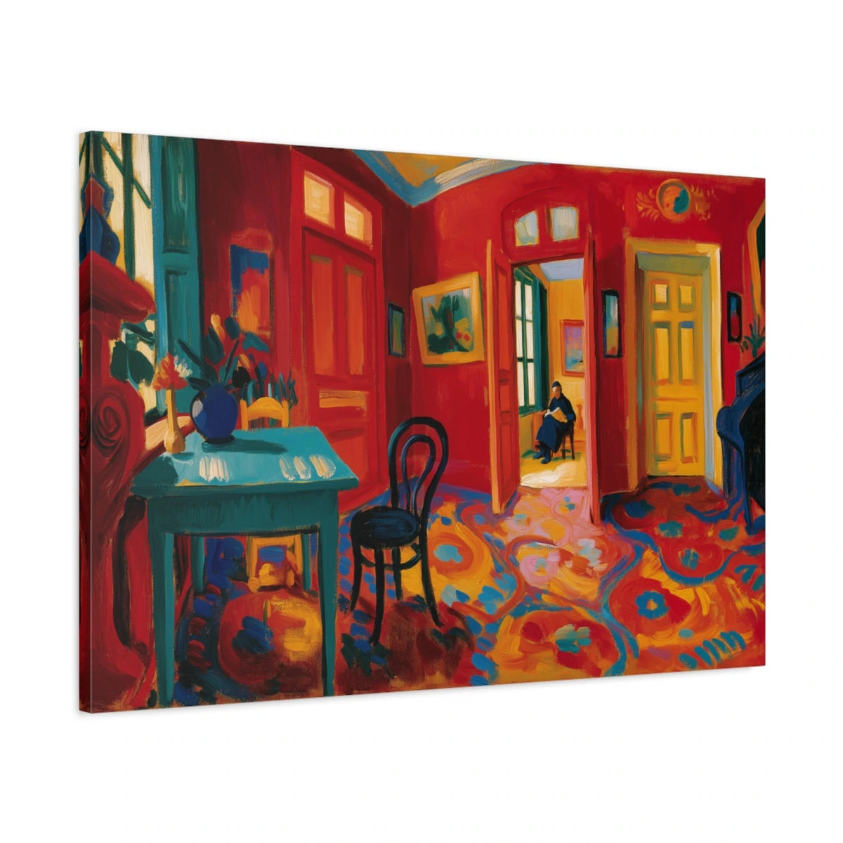 intérieur fauviste rouge avec table turquoise, bouquet et portes jaunes, vue latérale de la toile sur châssis