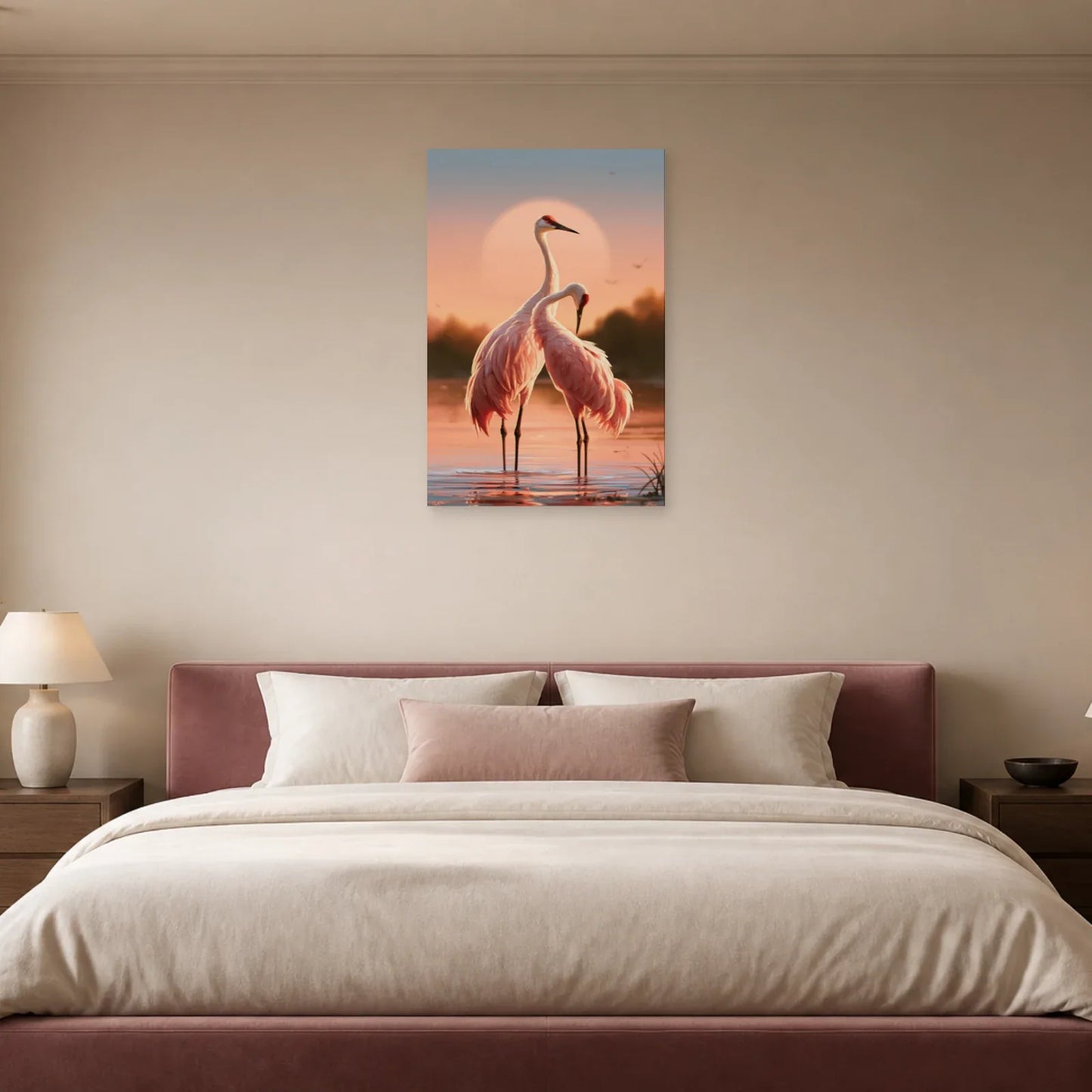 Tableau Japonais Rose aux Grues présenté dans une chambre - Art Virtuoso