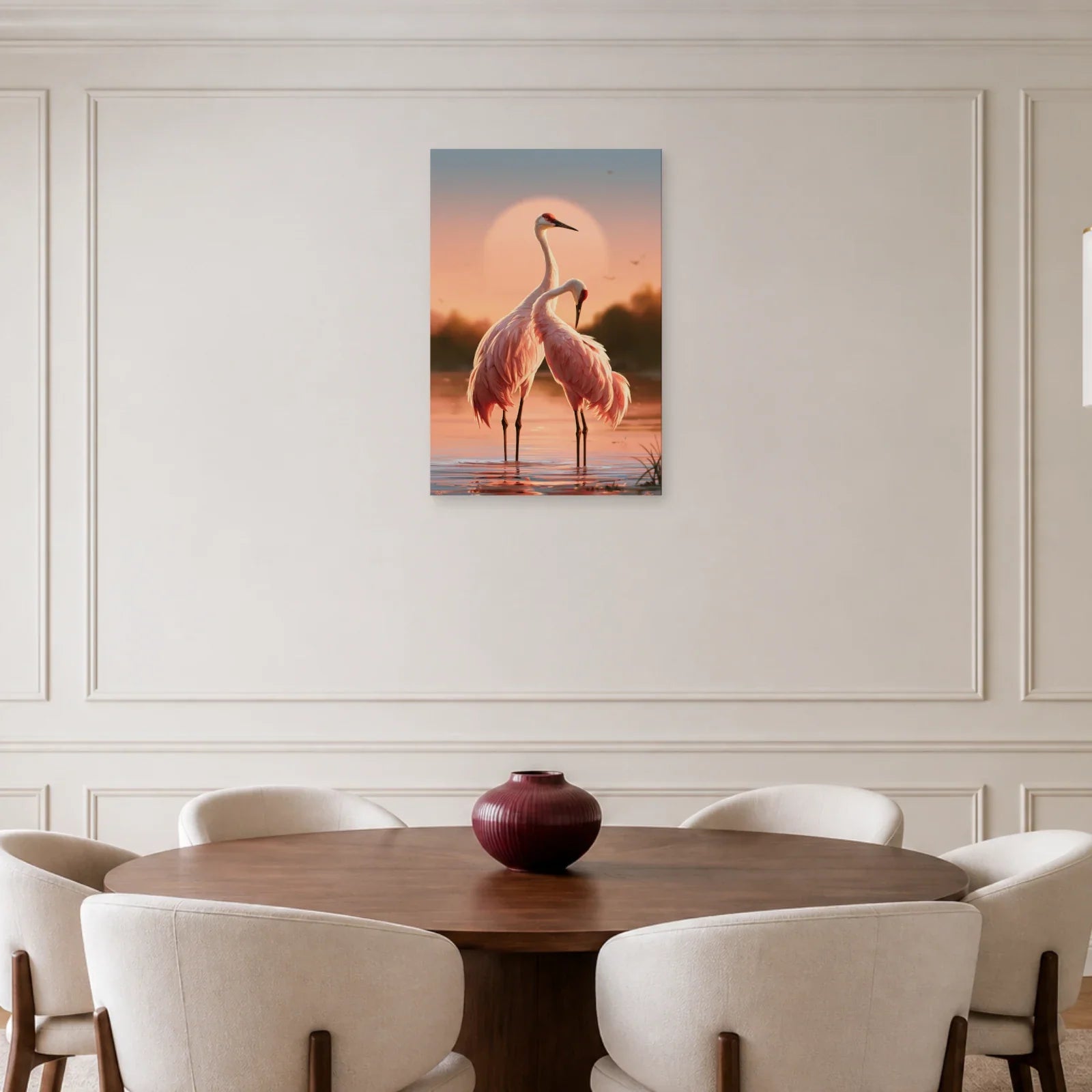Tableau Japonais Rose aux Grues présenté dans une salle à manger - Art Virtuoso