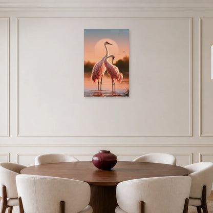 Tableau Japonais Rose aux Grues présenté dans une salle à manger - Art Virtuoso