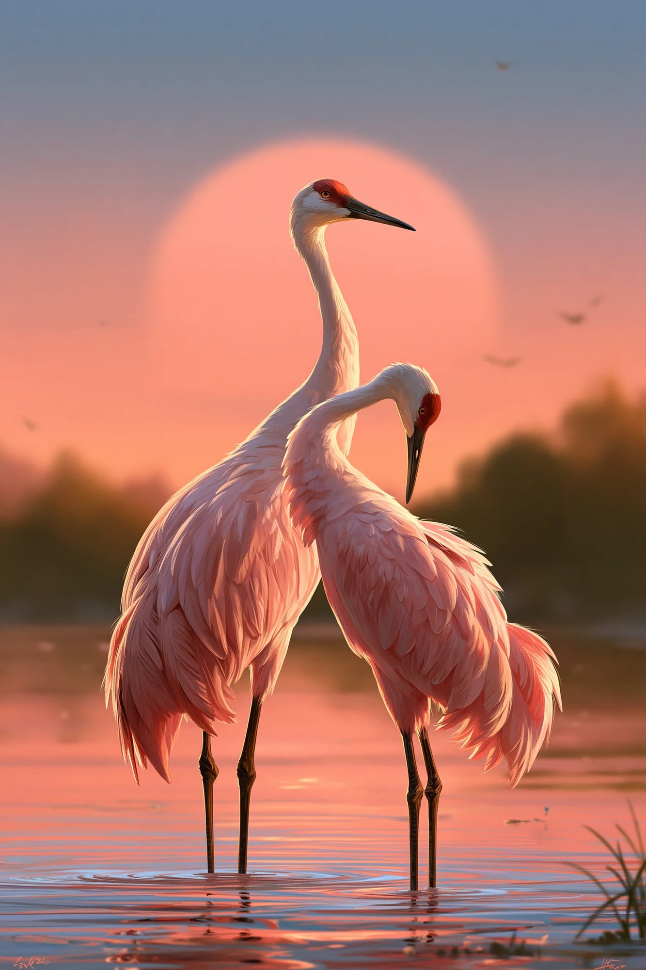 Tableau Japonais Rose aux Grues, des grues blanches traversant un paysage japonais largement dominé par le rose, format S - Art Virtuoso