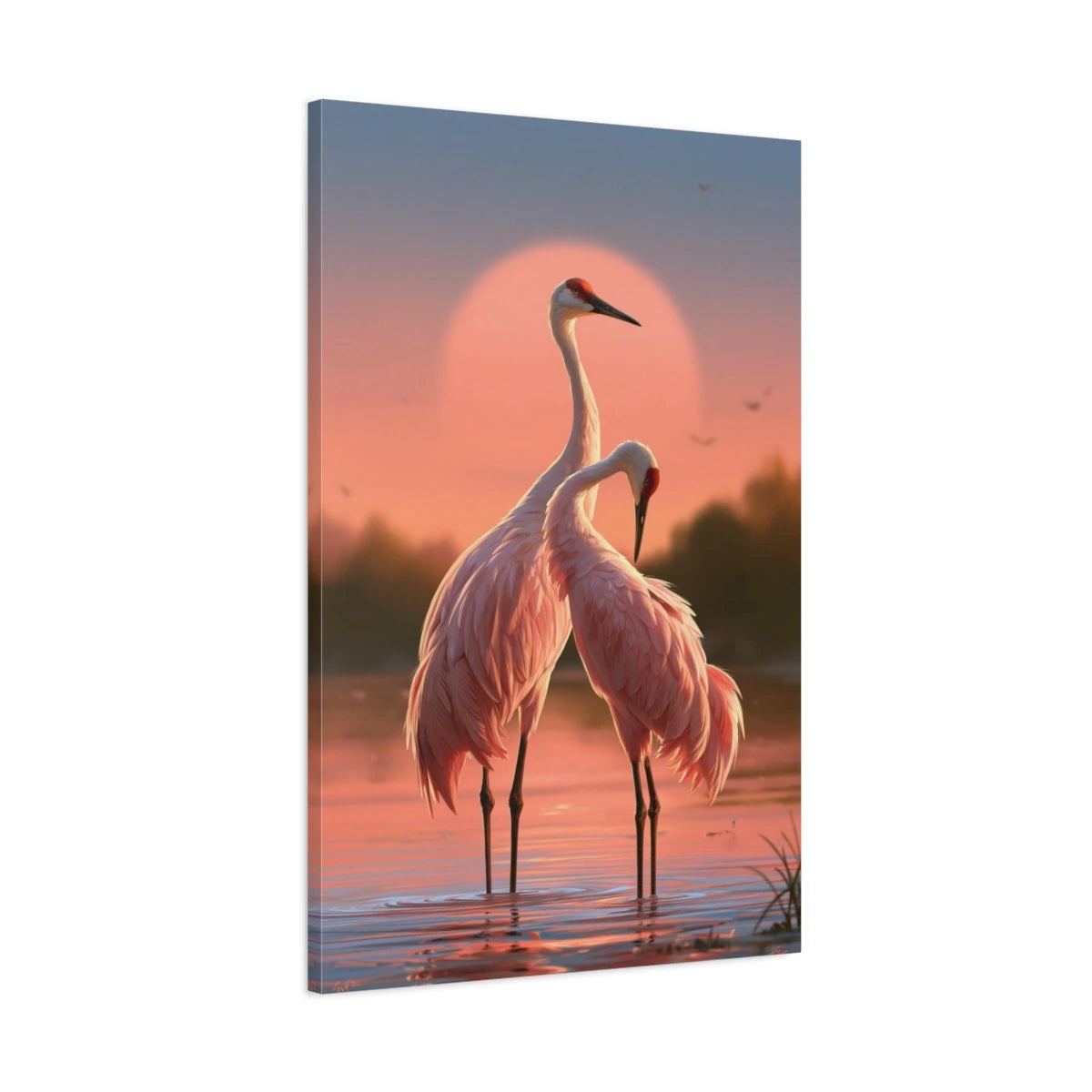 Tableau Japonais Rose aux Grues, vue latérale de la toile avec bords imprimés - Art Virtuoso