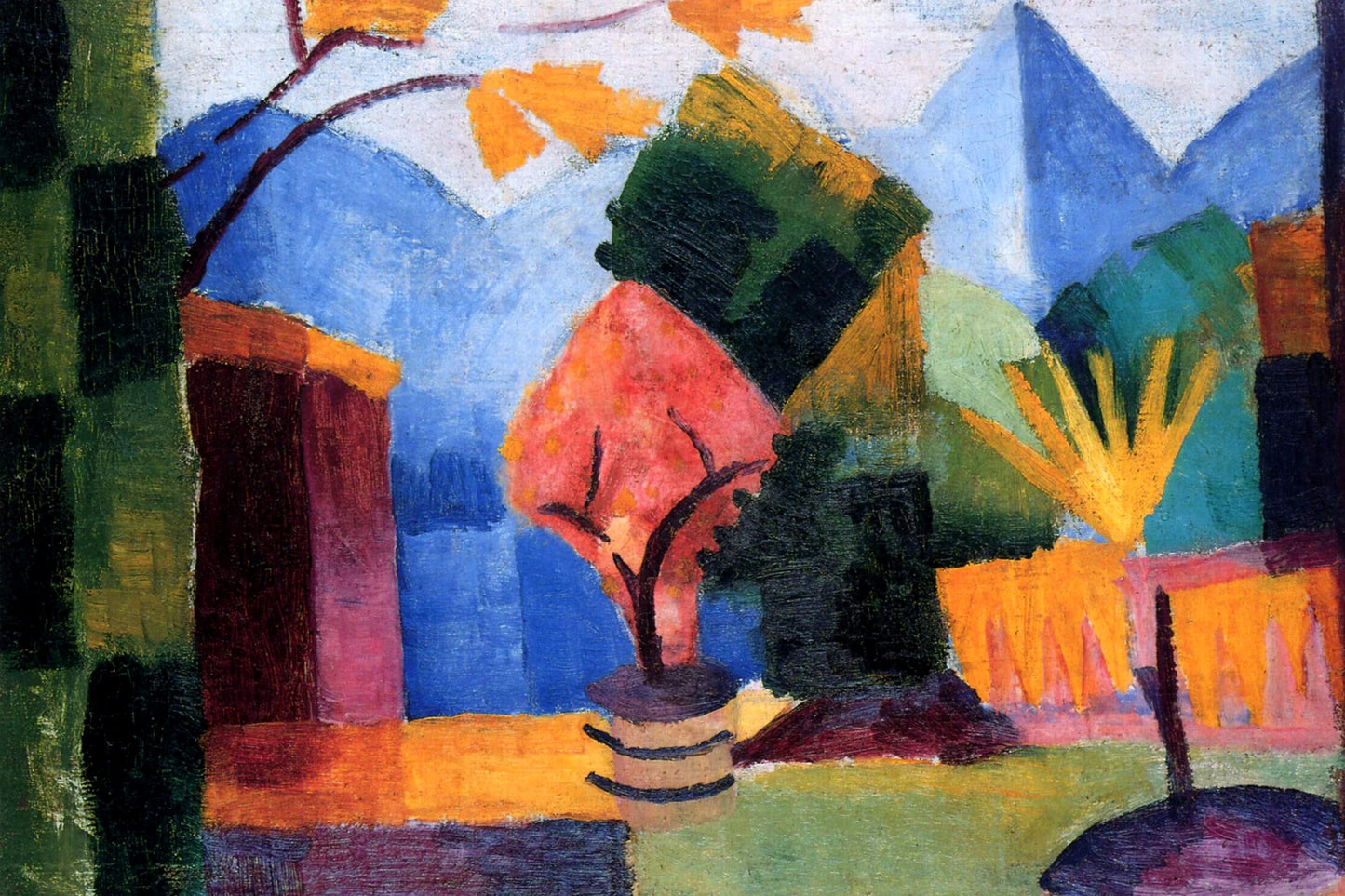 Feuillages verts et architectures orange dans un paysage, toile taille L