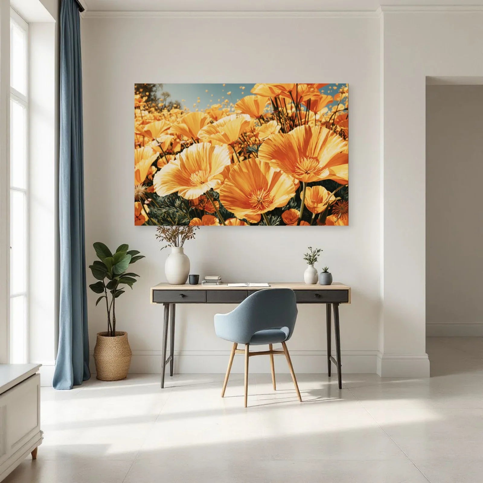 Fleurs jaune orangé dans un bureau lumineux par Art Virtuoso