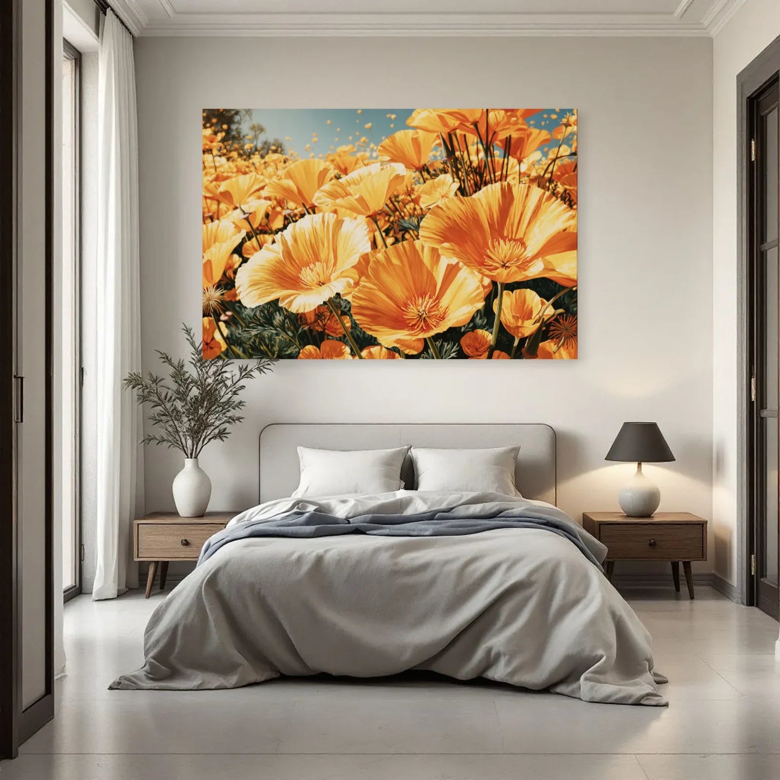 Tableau floral jaune sous ciel bleu dans une chambre par Art Virtuoso