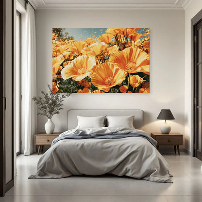 Tableau floral jaune sous ciel bleu dans une chambre par Art Virtuoso