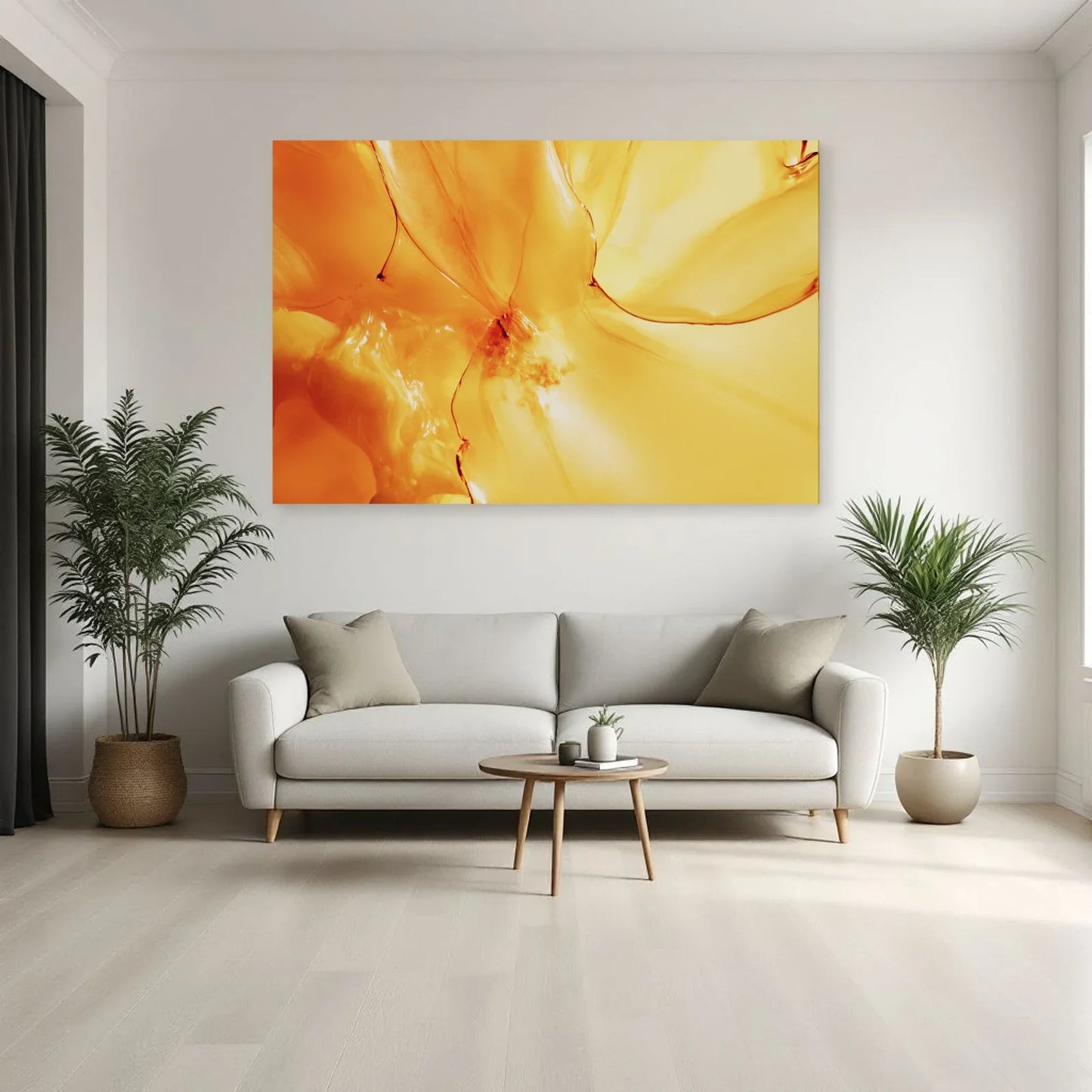 Tableau abstrait jaune citron au-dessus d'un canapé dans un salon clair Art Virtuoso