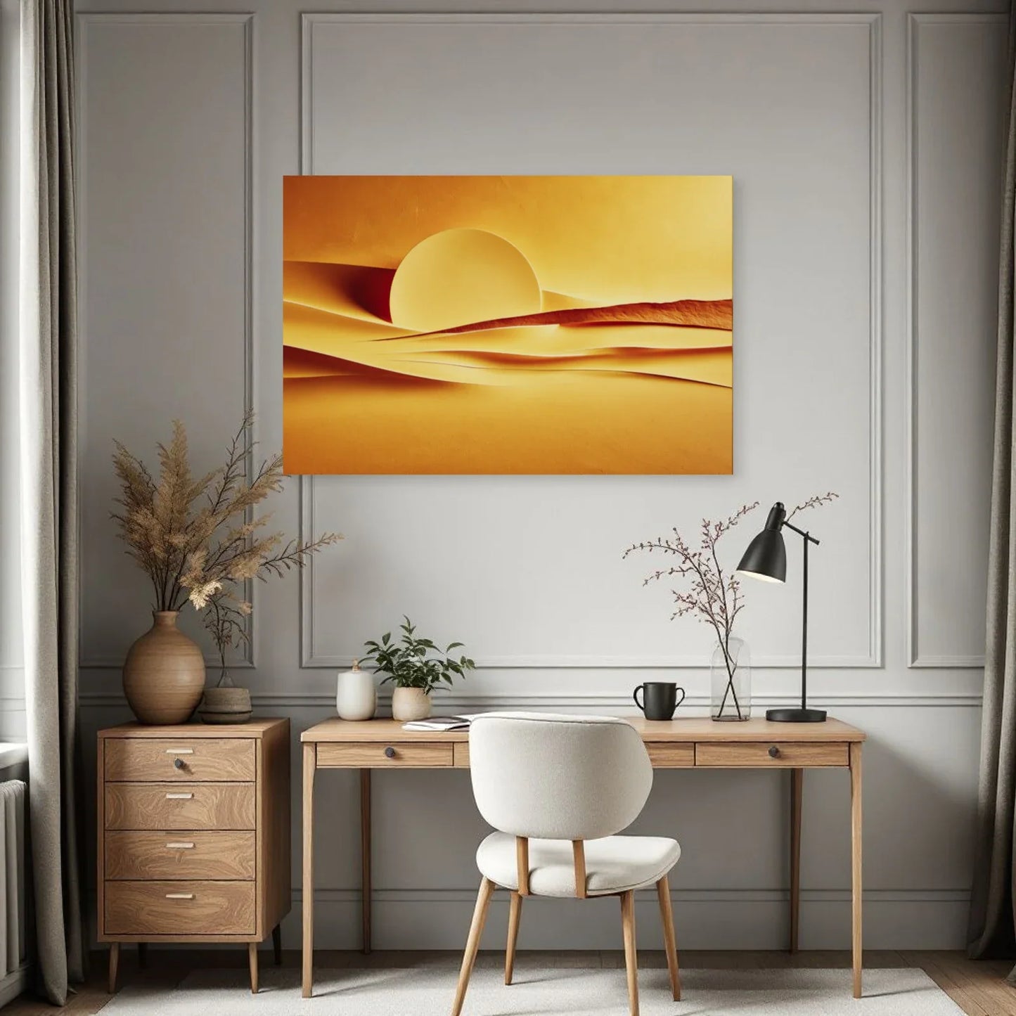 Horizon abstrait jaune et apaisant présenté dans un bureau calme par Art Virtuoso