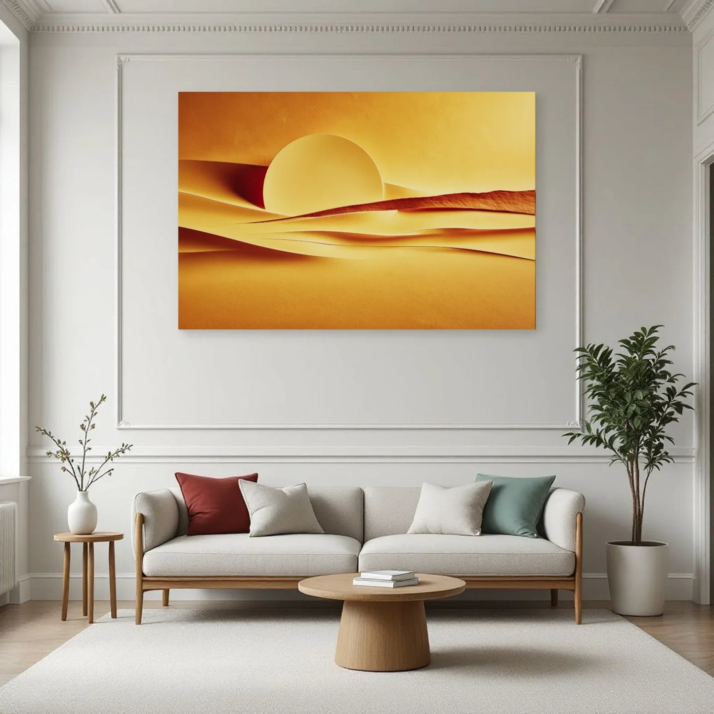 Tableau jaune horizon solaire installé au-dessus d'un canapé de salon par Art Virtuoso