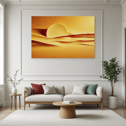 Tableau jaune horizon solaire installé au-dessus d'un canapé de salon par Art Virtuoso